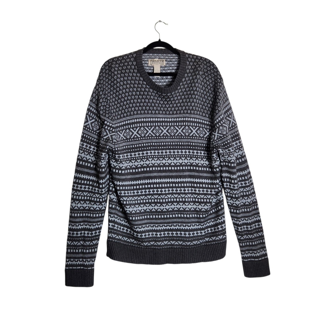 Duluth Trading Co Mens Fair Isle Cotton Wool Blend Sweater Grey Blue Large